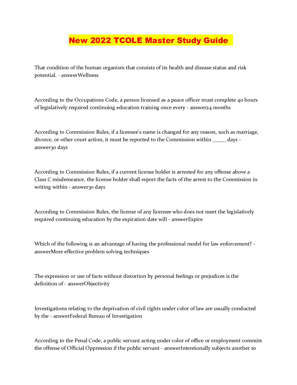 Preview image of New 2022 TCOLE Master Study Guide document